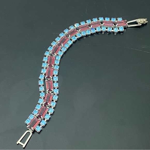 Vintage Unsigned Pave Topaz & Amethyst Rhinestones 7” Bracelet 18g. - Picture 6 of 16